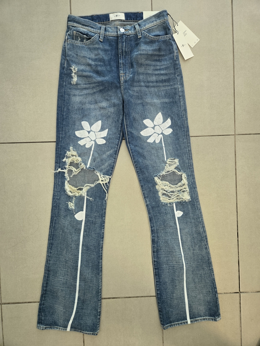 7 For All Mankind Easy Boot Jeans Womens 27 Blue Bootcut Floral Distressed - Picture 2 of 13